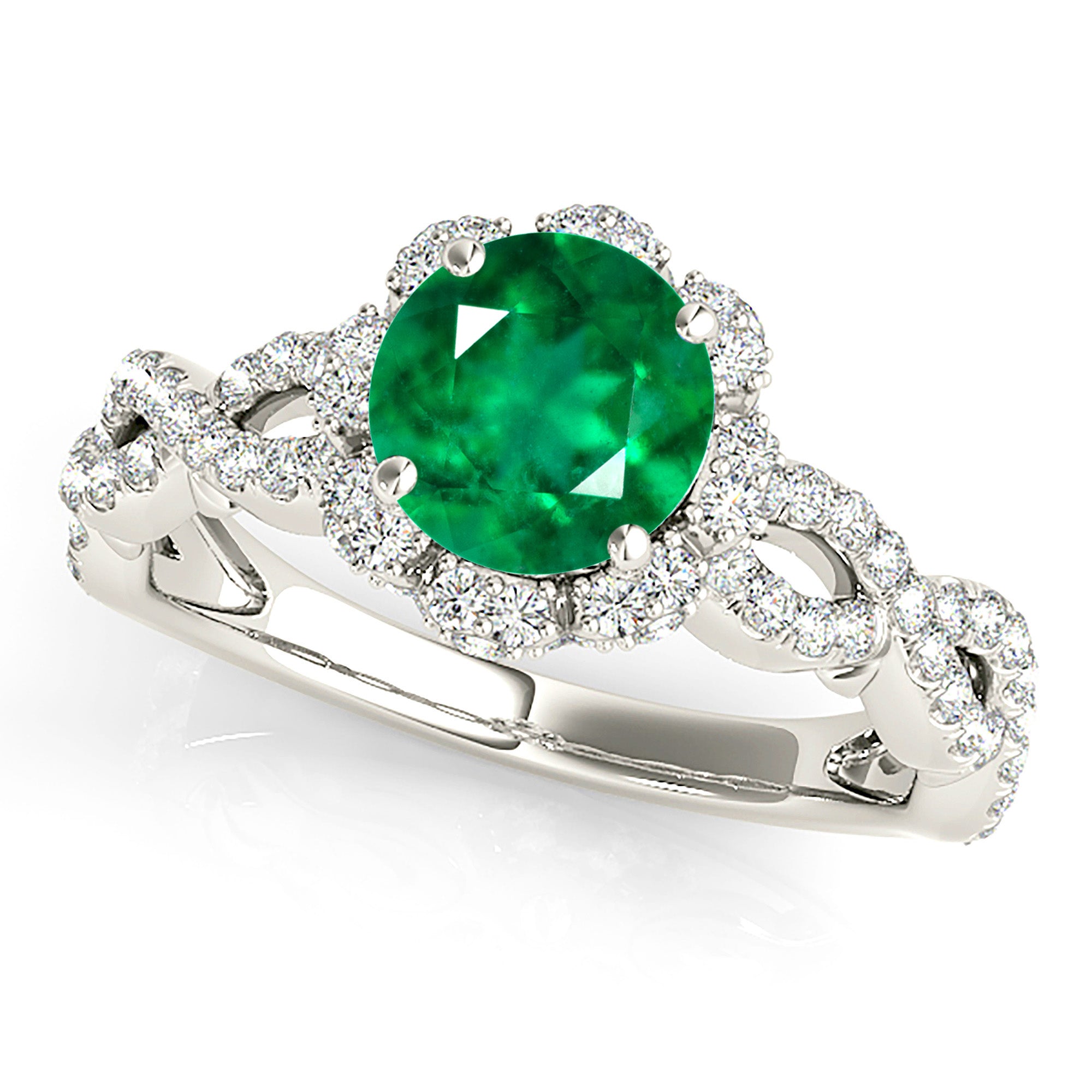 1.14 ct. Genuine Emerald Ring With 0.70 ctw. Diamond Flower Halo, Open Twisted Diamond Band-VIRABYANI